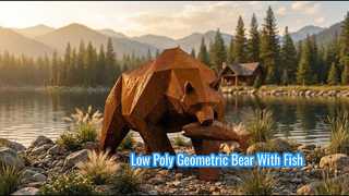 Escultura grande de acero corten de oso grizzly, oso geométrico de baja poli con estatua de pez, jardín al aire libre De