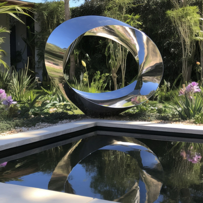 Modernos espejos de acero inoxidable anillo exterior escultura de paisaje acuático para hoteles y villas