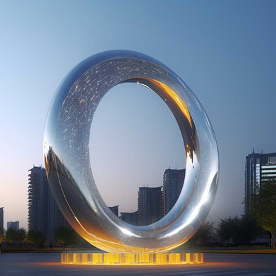Estética moderna exterior Espejo de anillo de acero inoxidable escultura con luz