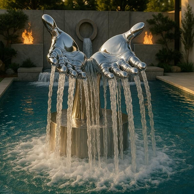 Gran escultura moderna de espejo de acero inoxidable con acabado de manos