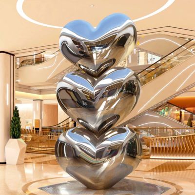 Decoración de hoteles Espejo acabado Corazón apilado Escultura de acero inoxidable