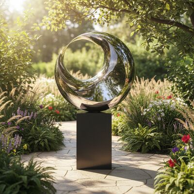 La escultura reflectiva de la media luna: pieza de arte de acero pulido y mármol negro