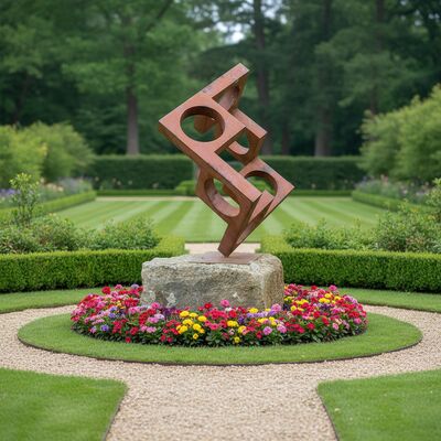 Un buen precio. Escultura de acero corten geométrica oxidada para decoración de jardín al aire libre y arte paisajístico en línea