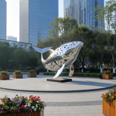 Un buen precio. Escultura moderna grande de ballena de acero inoxidable para exteriores con superficie pulida a espejo y punteada para decoración de arte en parques y plazas de jardines en línea