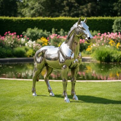 Un buen precio. Tamaño natural Escultura de caballo de acero inoxidable al aire libre Espejo de metal pulido Arte de animales para la decoración del jardín en línea