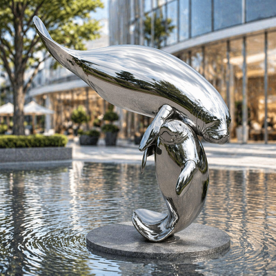 Un buen precio. Escultura de manatí de tamaño natural de acero inoxidable al aire libre Espejo Estatua de animales oceánicos pulidos para el parque Plaza Arte de decoración costera en línea