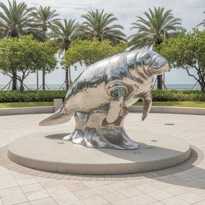 Escultura de manatí de tamaño natural de acero inoxidable al aire libre Espejo Estatua de animales oceánicos pulidos para el parque Plaza Arte de decoración costera