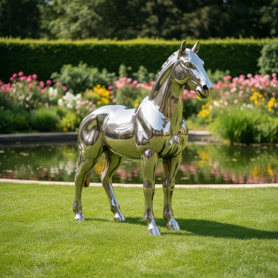 Un buen precio. Tamaño natural Escultura de caballo de acero inoxidable al aire libre Espejo de metal pulido Arte de animales para la decoración del jardín en línea