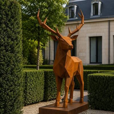 Un buen precio. Tamaño natural Estatua geométrica de venado de venado escultura de metal resistente a la intemperie acero corten bajo poliestatua de animales moderna decoración de jardín al aire libre personalizada en línea