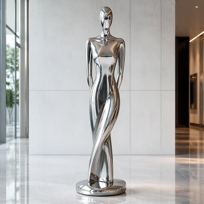 Escultura abstracta de figura humana en acero inoxidable pulido espejo, decoración de arte moderno