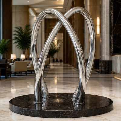 Escultura de tubo de doble arco de acero inoxidable pulido espejo, decoración de arte abstracto moderno