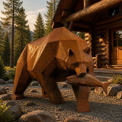 Large Corten Steel Grizzly Bear Sculpture Low Poly Geometric Bear With Fish Statue Outdoor Garden Decor Rusted Metal Lawn Art